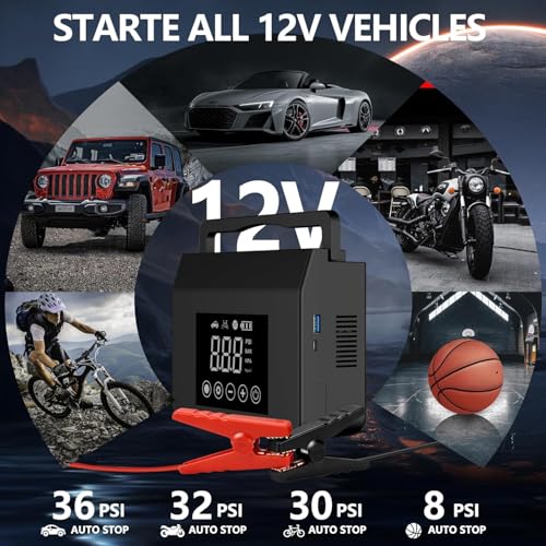 Portable Car Jump Starter, 4000A Car Battery Jump Starter with 150PSI Tire Inflator, 12V Car Battery Jump Starter, 15000mAh Power Bank, with LED Light