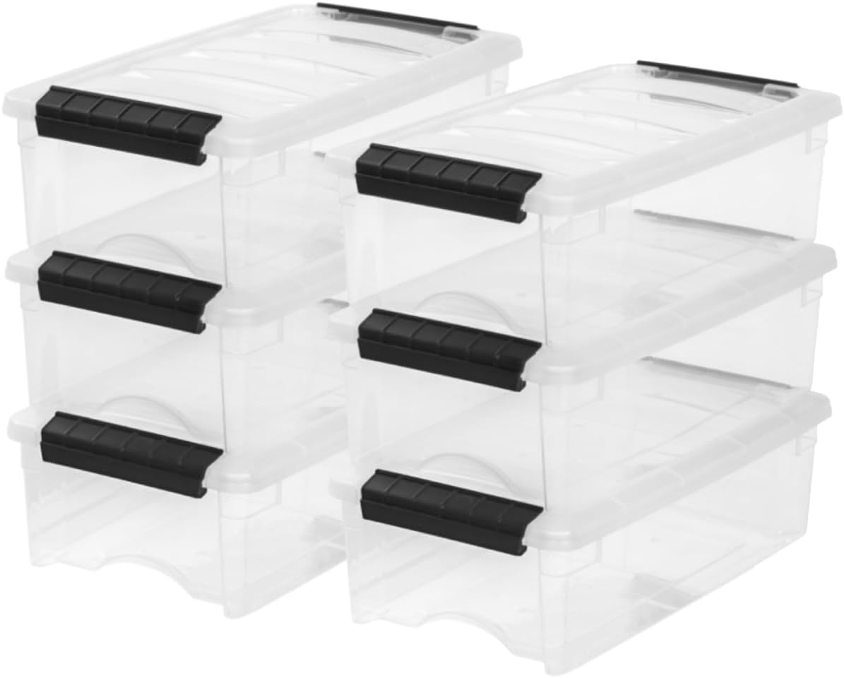 IRIS USA 54 Qt Stackable Plastic Storage Bins with Lids, 6 Pack - BPA-Free, Made in USA - Discreet Organizing Solution, Latches, Durable Nestable Containers, Secure Pull Handle - Pearl
