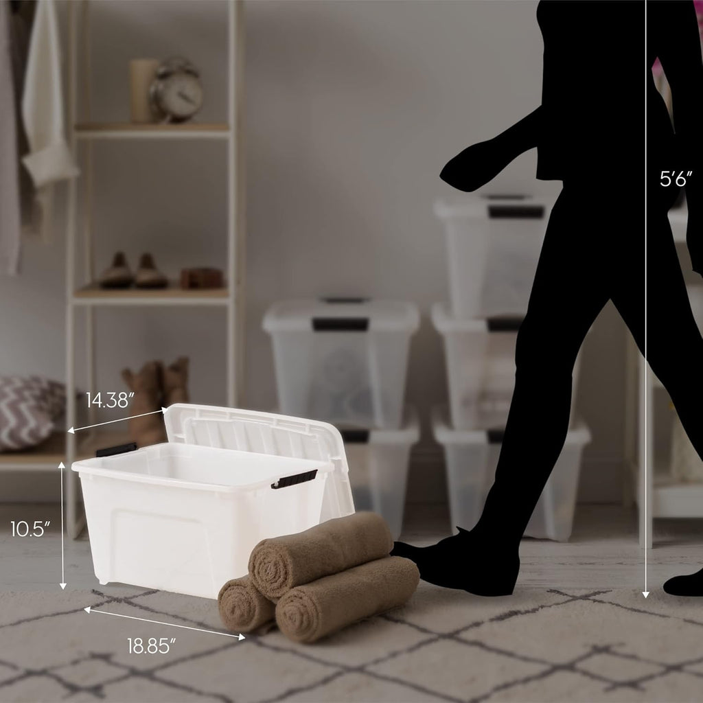 IRIS USA 54 Qt Stackable Plastic Storage Bins with Lids, 6 Pack - BPA-Free, Made in USA - Discreet Organizing Solution, Latches, Durable Nestable Containers, Secure Pull Handle - Pearl