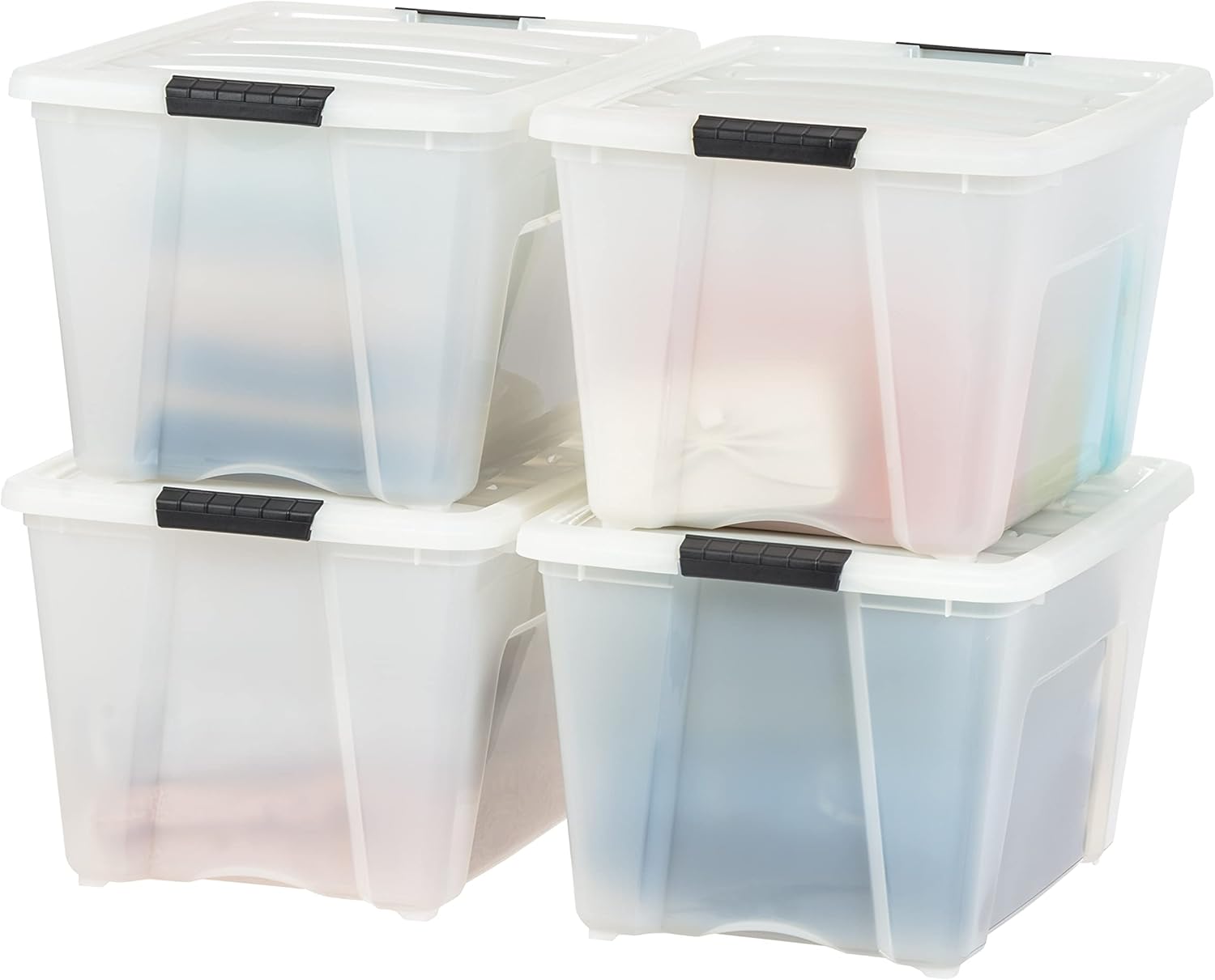 IRIS USA 54 Qt Stackable Plastic Storage Bins with Lids, 6 Pack - BPA-Free, Made in USA - Discreet Organizing Solution, Latches, Durable Nestable Containers, Secure Pull Handle - Pearl