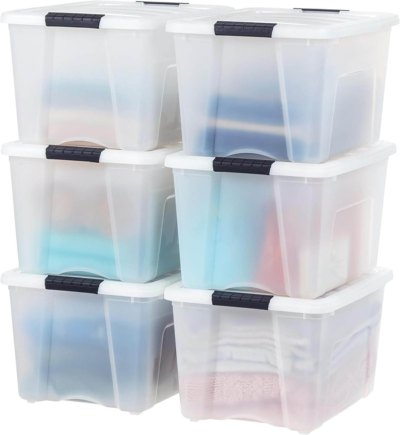 IRIS USA 54 Qt Stackable Plastic Storage Bins with Lids, 6 Pack - BPA-Free, Made in USA - Discreet Organizing Solution, Latches, Durable Nestable Containers, Secure Pull Handle - Pearl