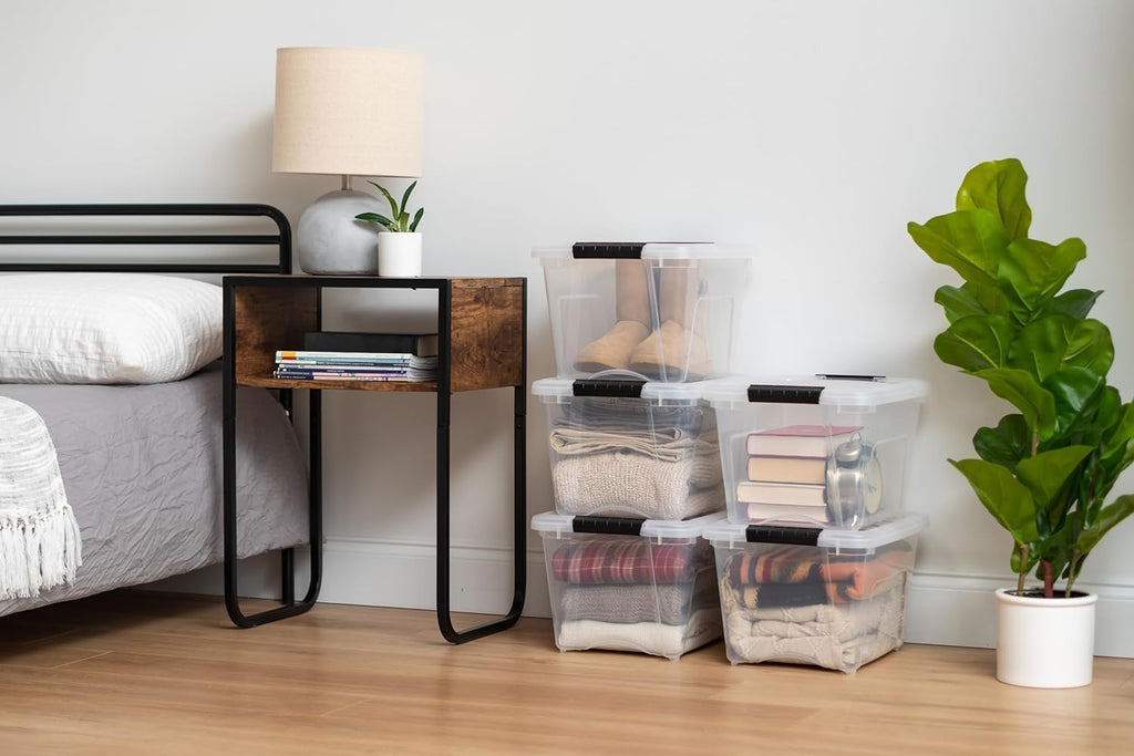 IRIS USA 54 Qt Stackable Plastic Storage Bins with Lids, 6 Pack - BPA-Free, Made in USA - Discreet Organizing Solution, Latches, Durable Nestable Containers, Secure Pull Handle - Pearl