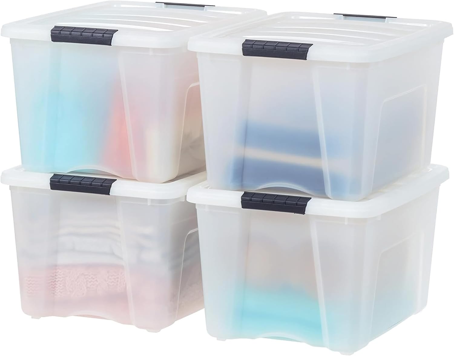IRIS USA 54 Qt Stackable Plastic Storage Bins with Lids, 6 Pack - BPA-Free, Made in USA - Discreet Organizing Solution, Latches, Durable Nestable Containers, Secure Pull Handle - Pearl