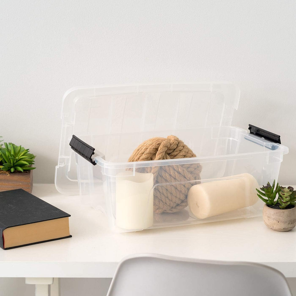 IRIS USA 54 Qt Stackable Plastic Storage Bins with Lids, 6 Pack - BPA-Free, Made in USA - Discreet Organizing Solution, Latches, Durable Nestable Containers, Secure Pull Handle - Pearl