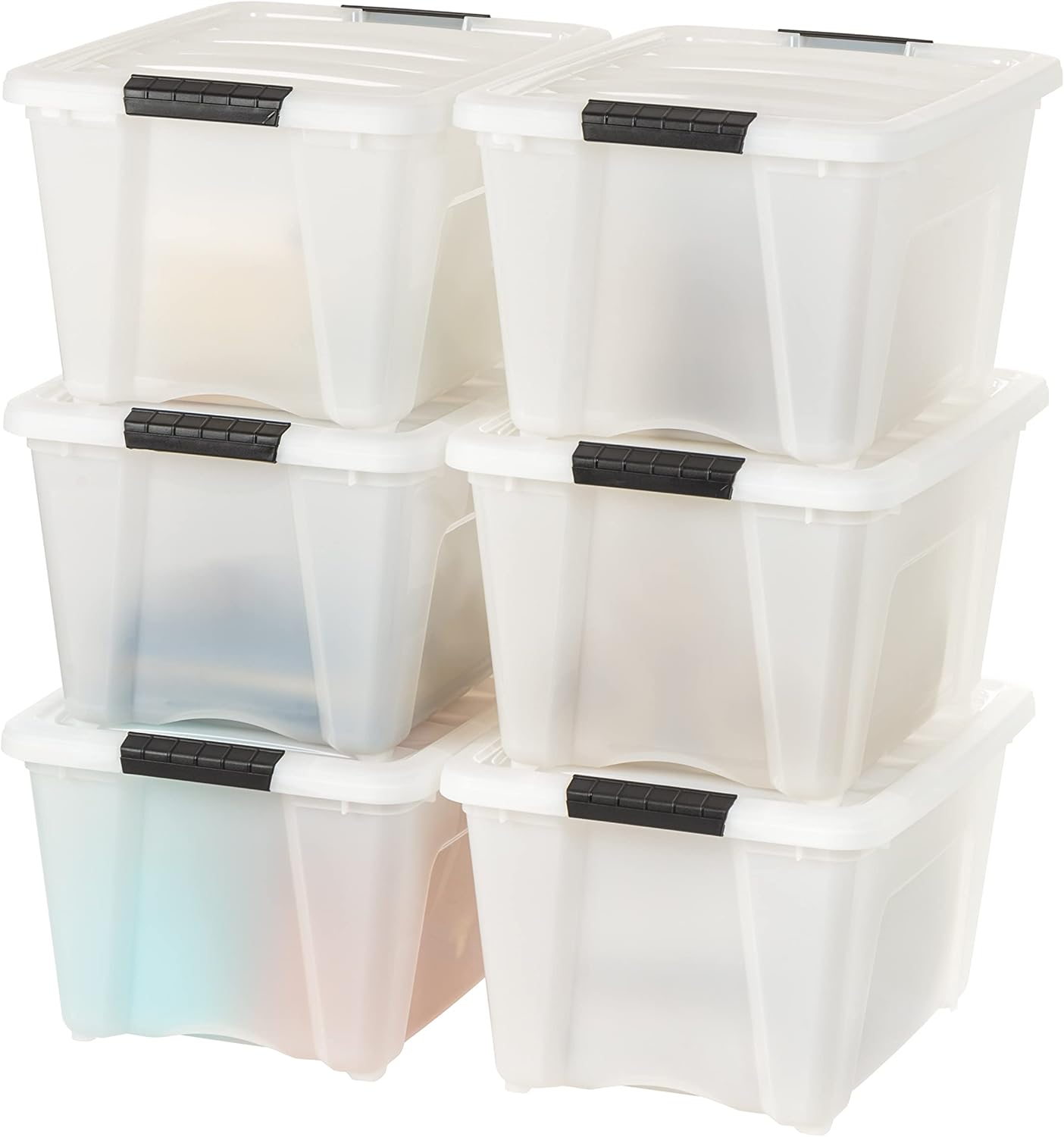 IRIS USA 54 Qt Stackable Plastic Storage Bins with Lids, 6 Pack - BPA-Free, Made in USA - Discreet Organizing Solution, Latches, Durable Nestable Containers, Secure Pull Handle - Pearl