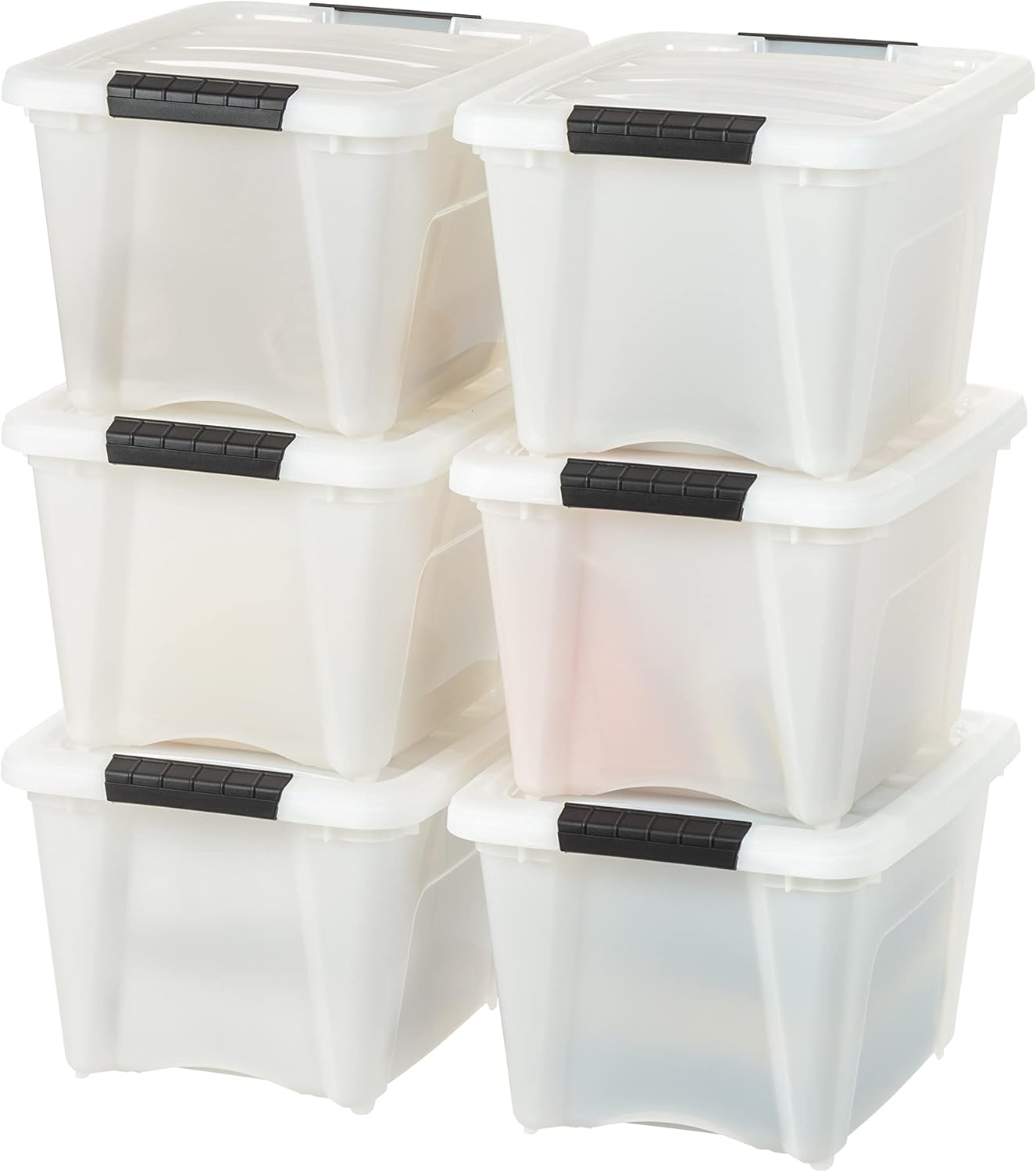 IRIS USA 54 Qt Stackable Plastic Storage Bins with Lids, 6 Pack - BPA-Free, Made in USA - Discreet Organizing Solution, Latches, Durable Nestable Containers, Secure Pull Handle - Pearl