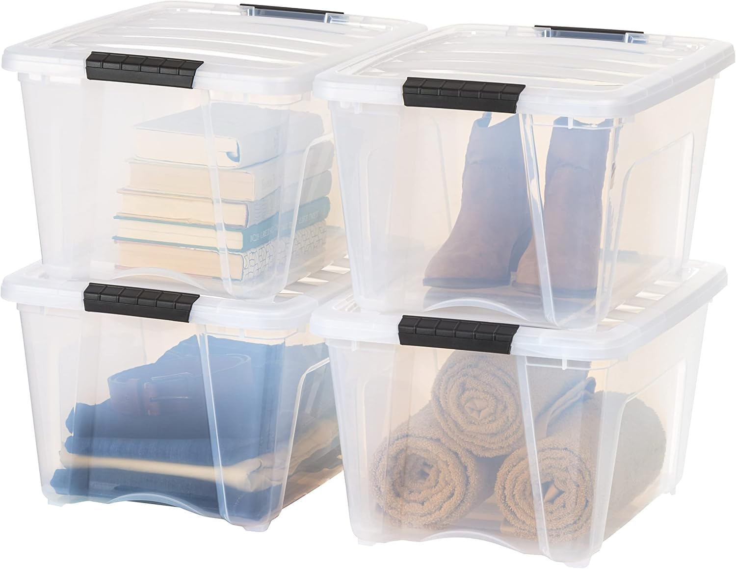 IRIS USA 54 Qt Stackable Plastic Storage Bins with Lids, 6 Pack - BPA-Free, Made in USA - Discreet Organizing Solution, Latches, Durable Nestable Containers, Secure Pull Handle - Pearl