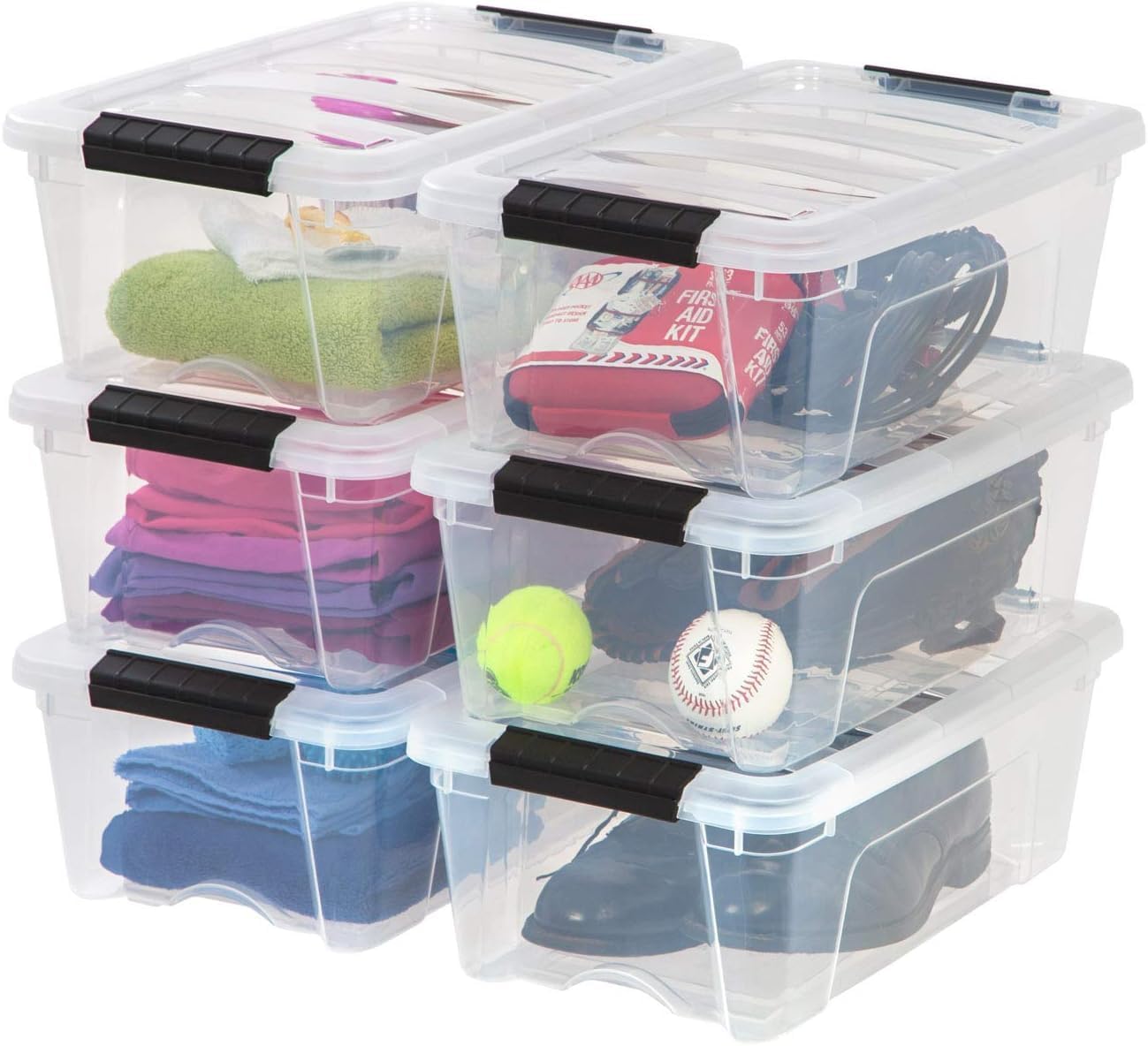 IRIS USA 54 Qt Stackable Plastic Storage Bins with Lids, 6 Pack - BPA-Free, Made in USA - Discreet Organizing Solution, Latches, Durable Nestable Containers, Secure Pull Handle - Pearl