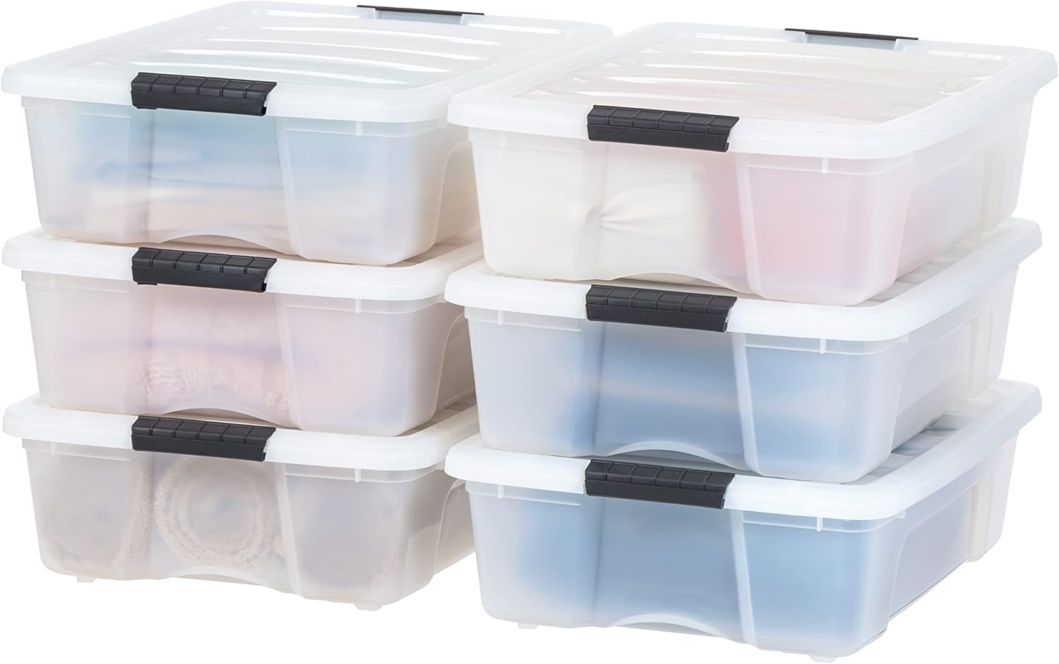IRIS USA 54 Qt Stackable Plastic Storage Bins with Lids, 6 Pack - BPA-Free, Made in USA - Discreet Organizing Solution, Latches, Durable Nestable Containers, Secure Pull Handle - Pearl