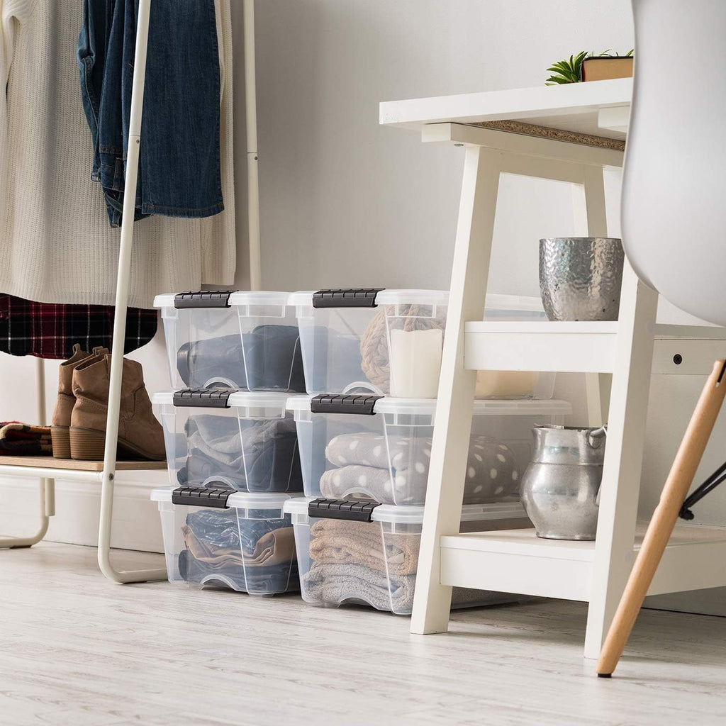 IRIS USA 54 Qt Stackable Plastic Storage Bins with Lids, 6 Pack - BPA-Free, Made in USA - Discreet Organizing Solution, Latches, Durable Nestable Containers, Secure Pull Handle - Pearl