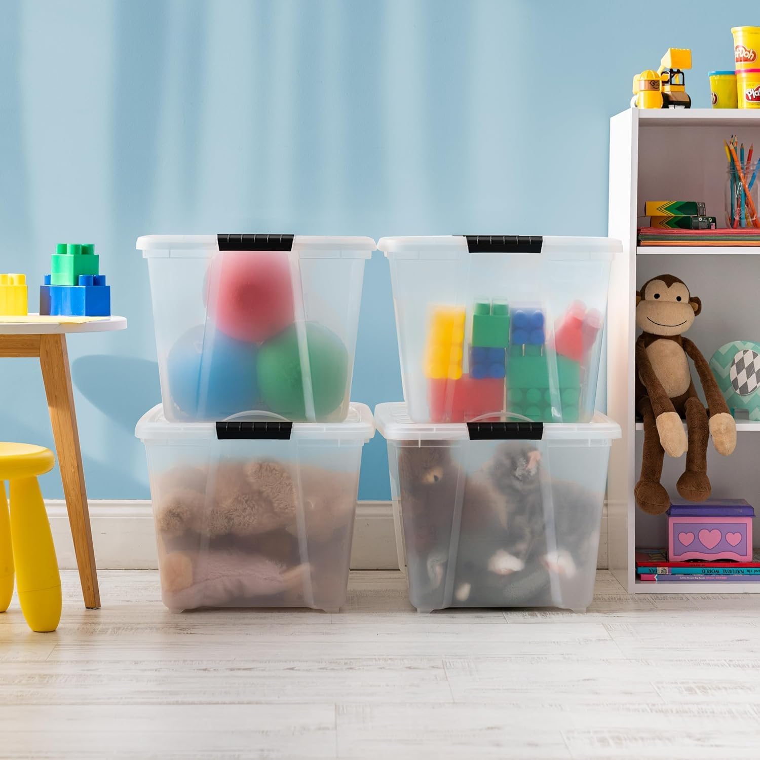 IRIS USA 54 Qt Stackable Plastic Storage Bins with Lids, 6 Pack - BPA-Free, Made in USA - Discreet Organizing Solution, Latches, Durable Nestable Containers, Secure Pull Handle - Pearl