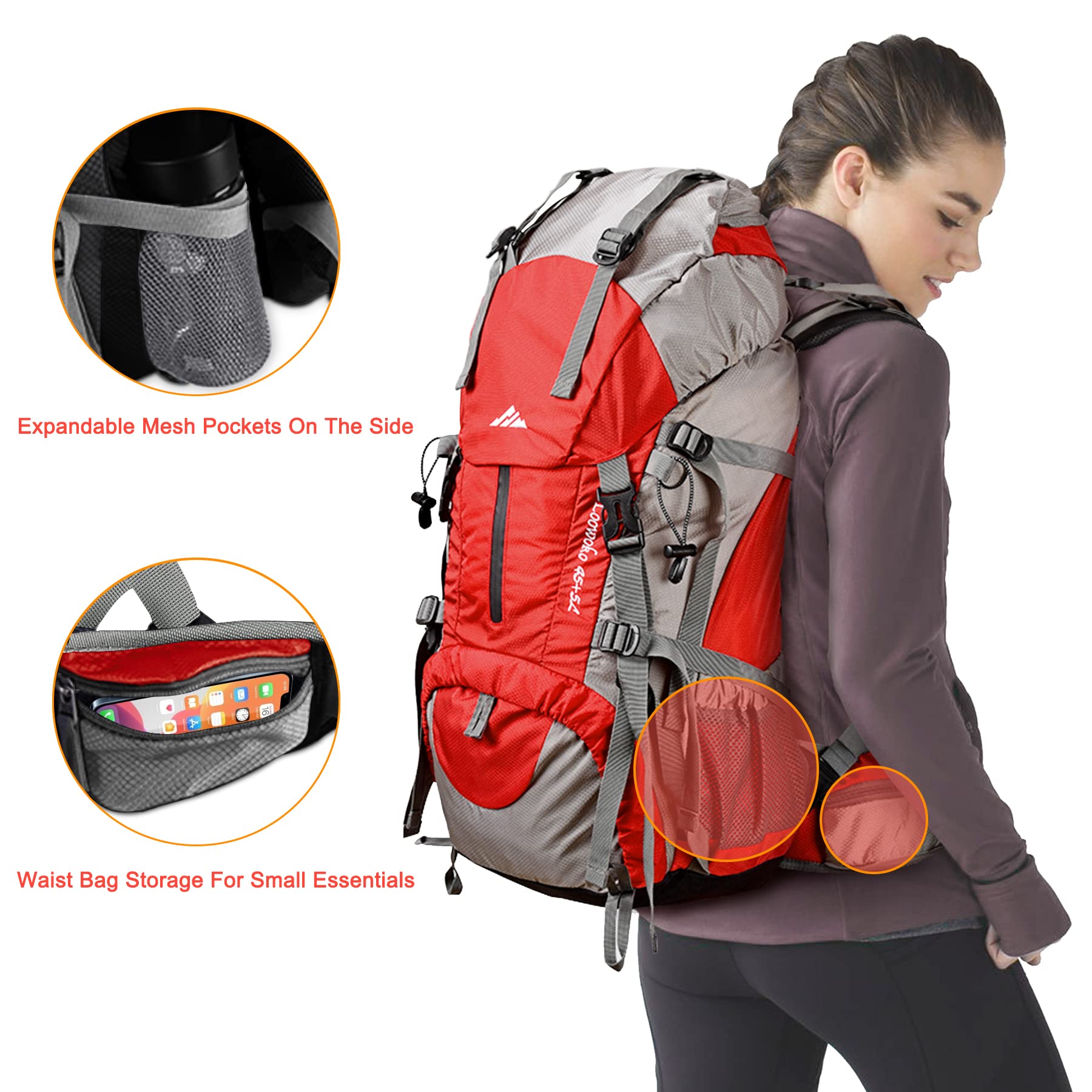 Loowoko 50L Hiking Backpack, Waterproof Camping Essentials Bag with Rain Cover, 45+5 Liter Lightweight Backpacking Back Pack