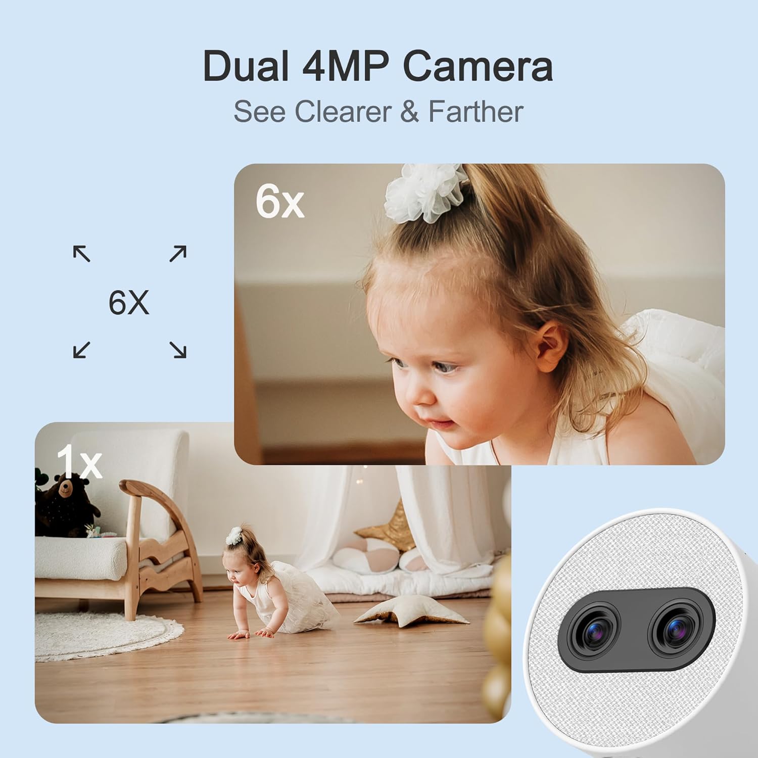 Simsky Split Screen Video Baby Monitor with Cameras, Dual 4MP Cameras with 6X Zoom, 7" UHD Touch Screen Portable Audio Baby Monitor 32GB Local Storage