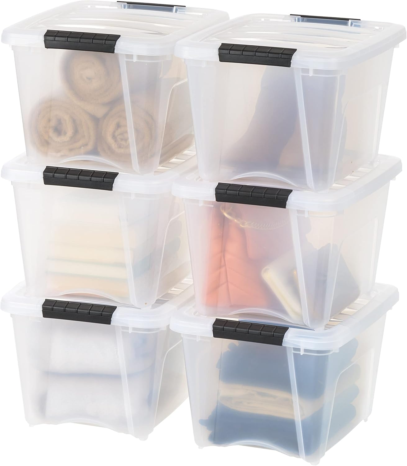 IRIS USA 54 Qt Stackable Plastic Storage Bins with Lids, 6 Pack - BPA-Free, Made in USA - Discreet Organizing Solution, Latches, Durable Nestable Containers, Secure Pull Handle - Pearl