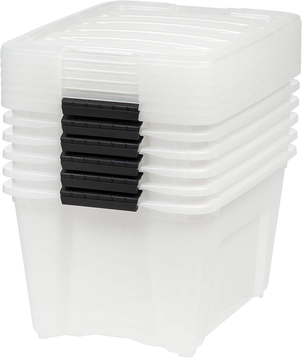 IRIS USA 54 Qt Stackable Plastic Storage Bins with Lids, 6 Pack - BPA-Free, Made in USA - Discreet Organizing Solution, Latches, Durable Nestable Containers, Secure Pull Handle - Pearl
