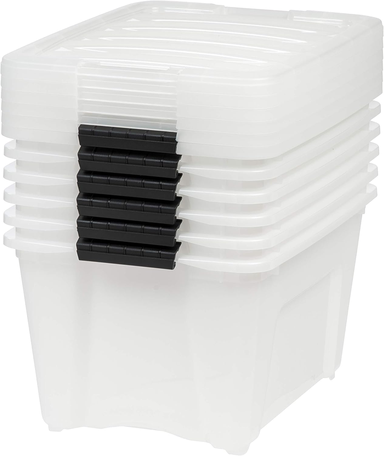 IRIS USA 54 Qt Stackable Plastic Storage Bins with Lids, 6 Pack - BPA-Free, Made in USA - Discreet Organizing Solution, Latches, Durable Nestable Containers, Secure Pull Handle - Pearl