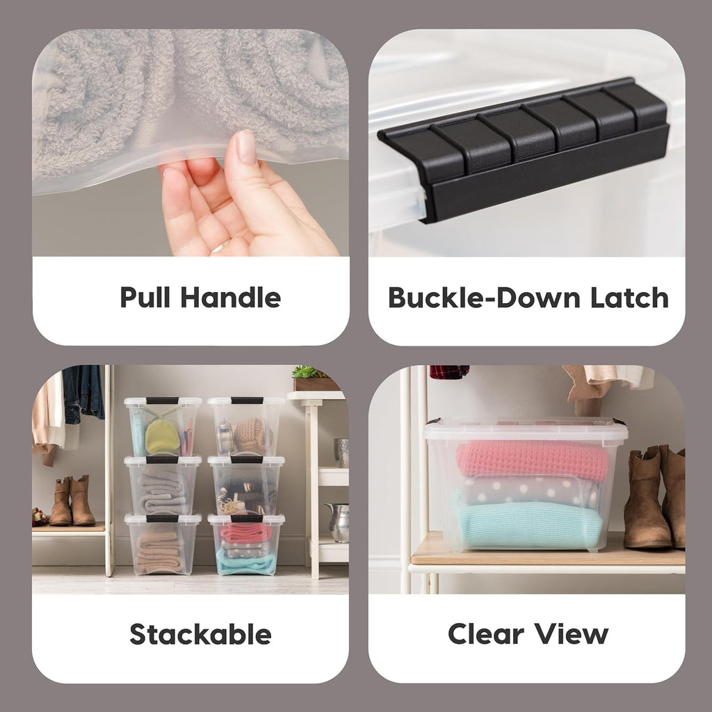 IRIS USA 54 Qt Stackable Plastic Storage Bins with Lids, 6 Pack - BPA-Free, Made in USA - Discreet Organizing Solution, Latches, Durable Nestable Containers, Secure Pull Handle - Pearl