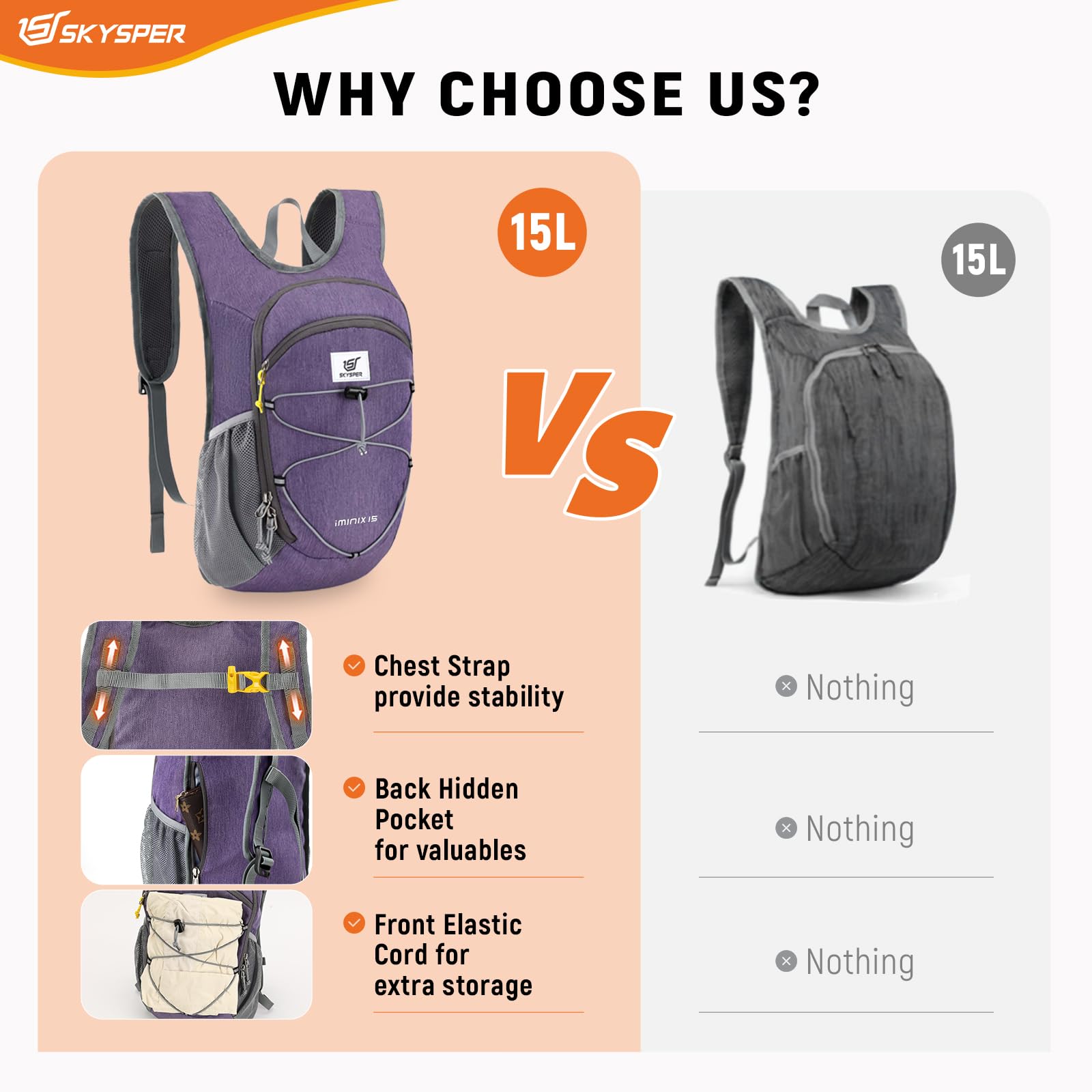 SKYSPER 15L/20L Foldable Hiking Backpack Lightweight Packable Travel Daypack with Chest Strap Small Folding Pack for Walking