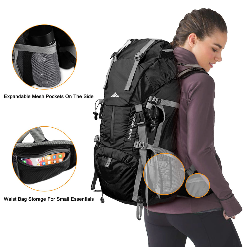 Loowoko 50L Hiking Backpack, Waterproof Camping Essentials Bag with Rain Cover, 45+5 Liter Lightweight Backpacking Back Pack