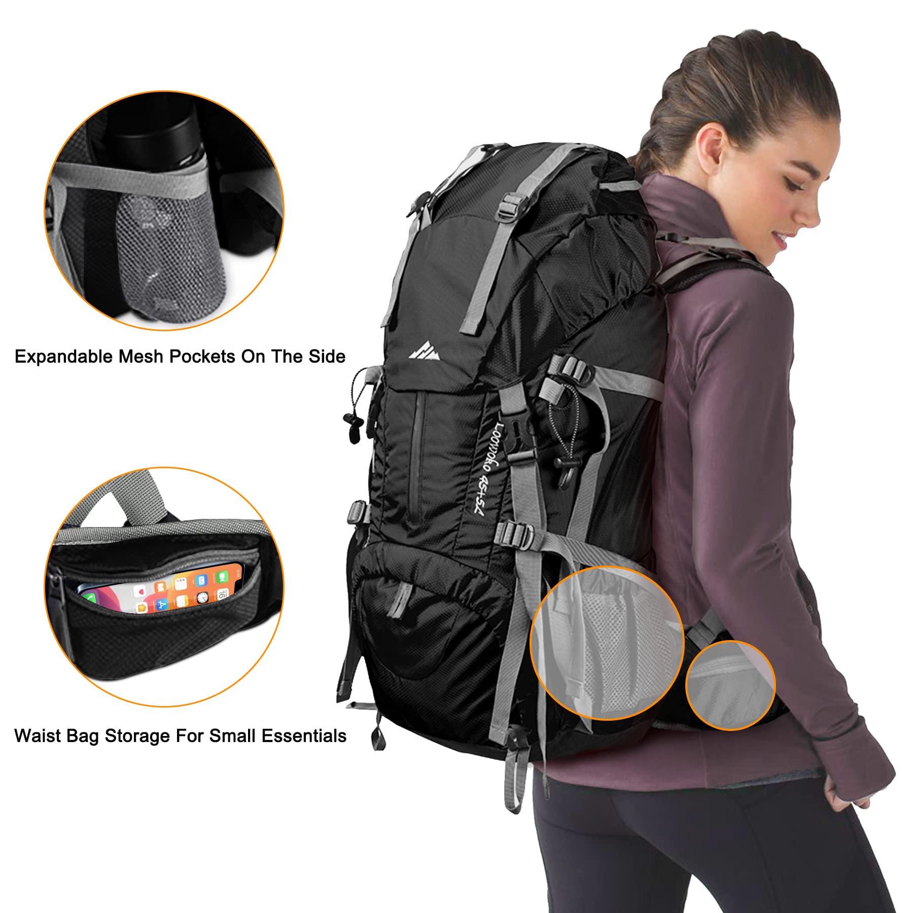 Loowoko 50L Hiking Backpack, Waterproof Camping Essentials Bag with Rain Cover, 45+5 Liter Lightweight Backpacking Back Pack
