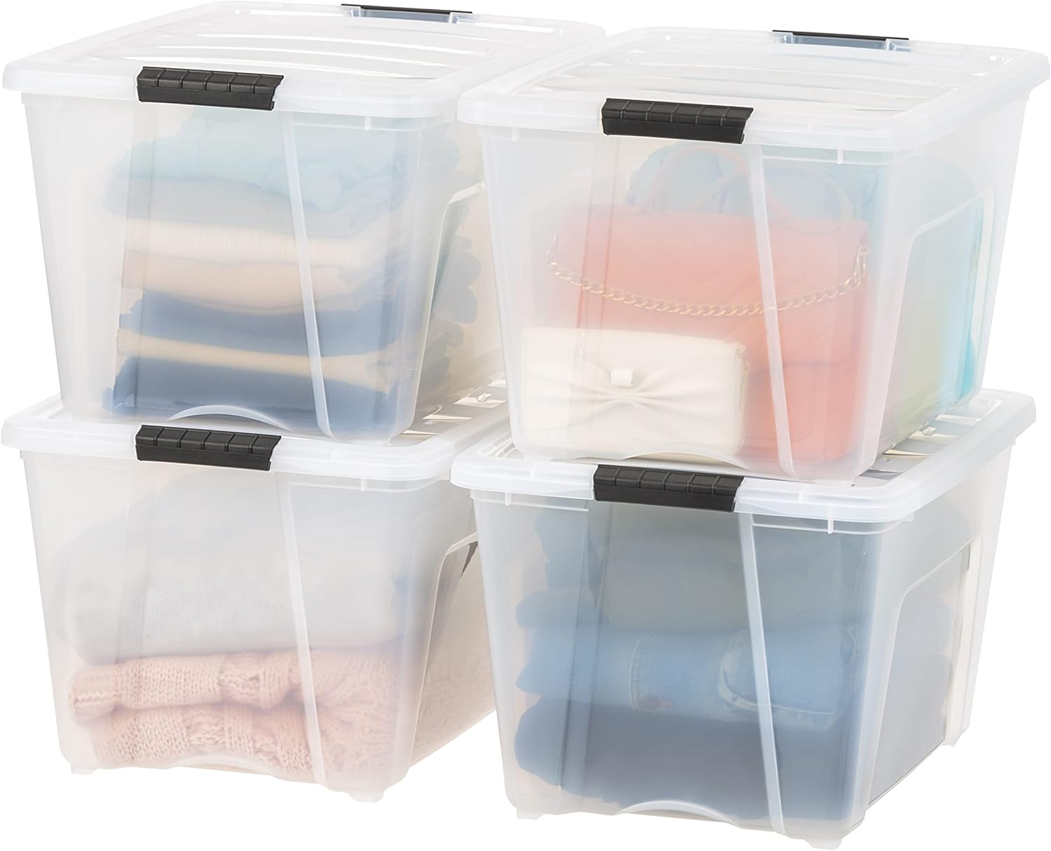 IRIS USA 54 Qt Stackable Plastic Storage Bins with Lids, 6 Pack - BPA-Free, Made in USA - Discreet Organizing Solution, Latches, Durable Nestable Containers, Secure Pull Handle - Pearl
