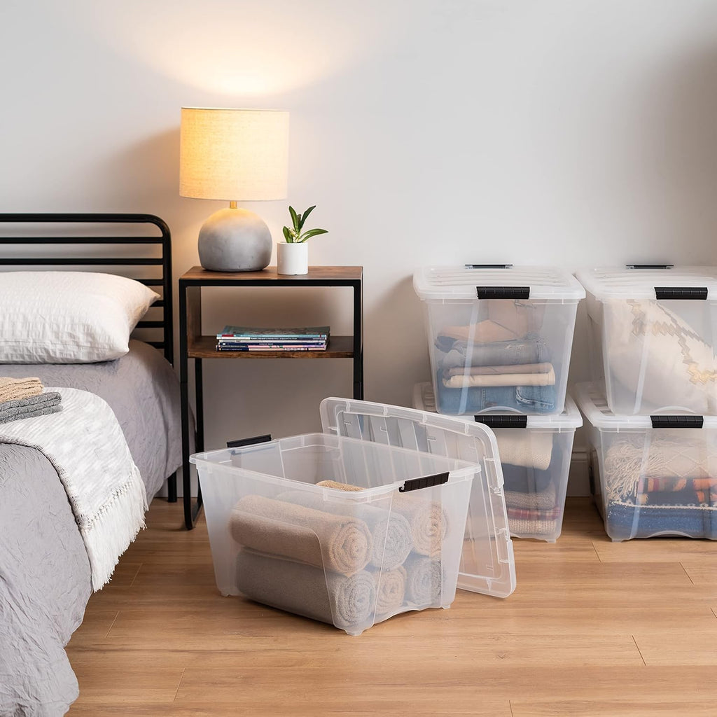 IRIS USA 54 Qt Stackable Plastic Storage Bins with Lids, 6 Pack - BPA-Free, Made in USA - Discreet Organizing Solution, Latches, Durable Nestable Containers, Secure Pull Handle - Pearl