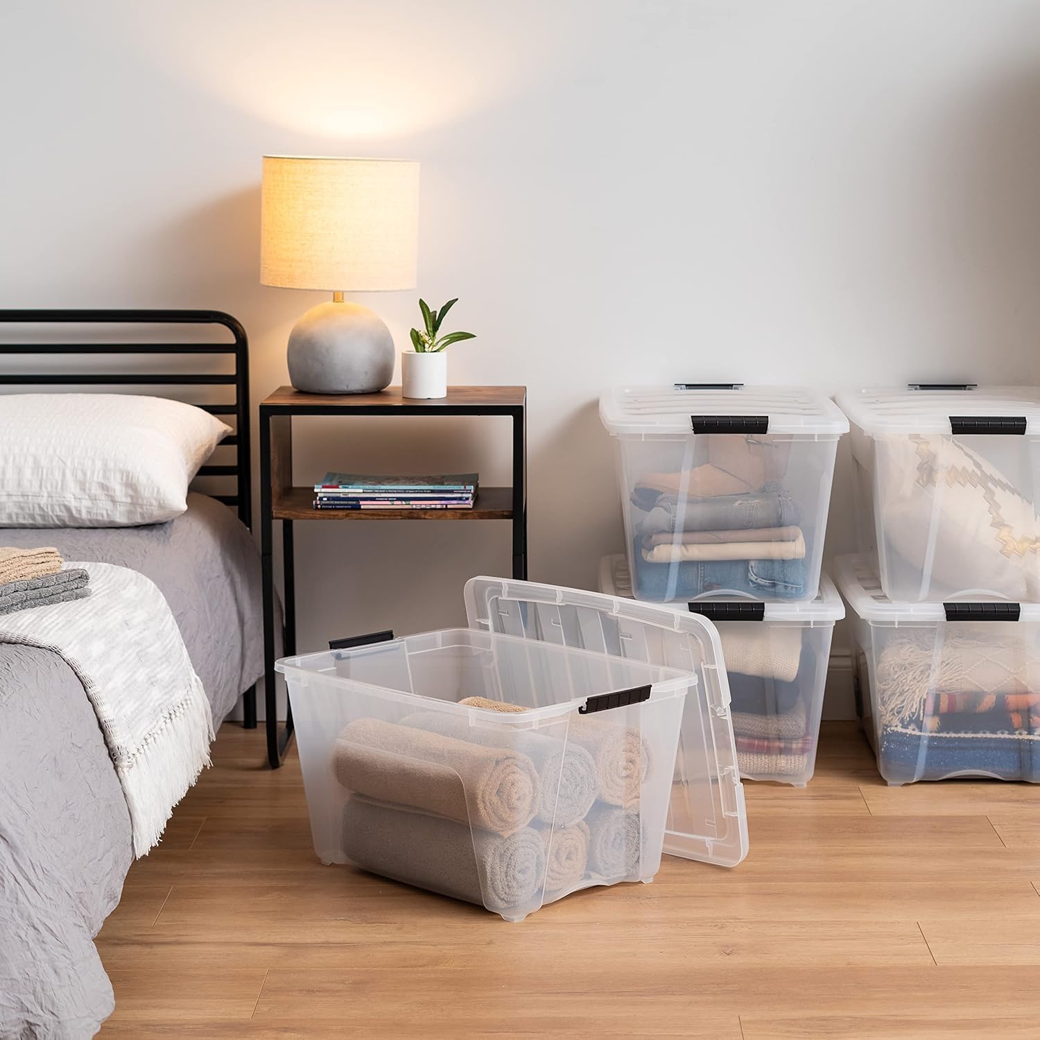 IRIS USA 54 Qt Stackable Plastic Storage Bins with Lids, 6 Pack - BPA-Free, Made in USA - Discreet Organizing Solution, Latches, Durable Nestable Containers, Secure Pull Handle - Pearl