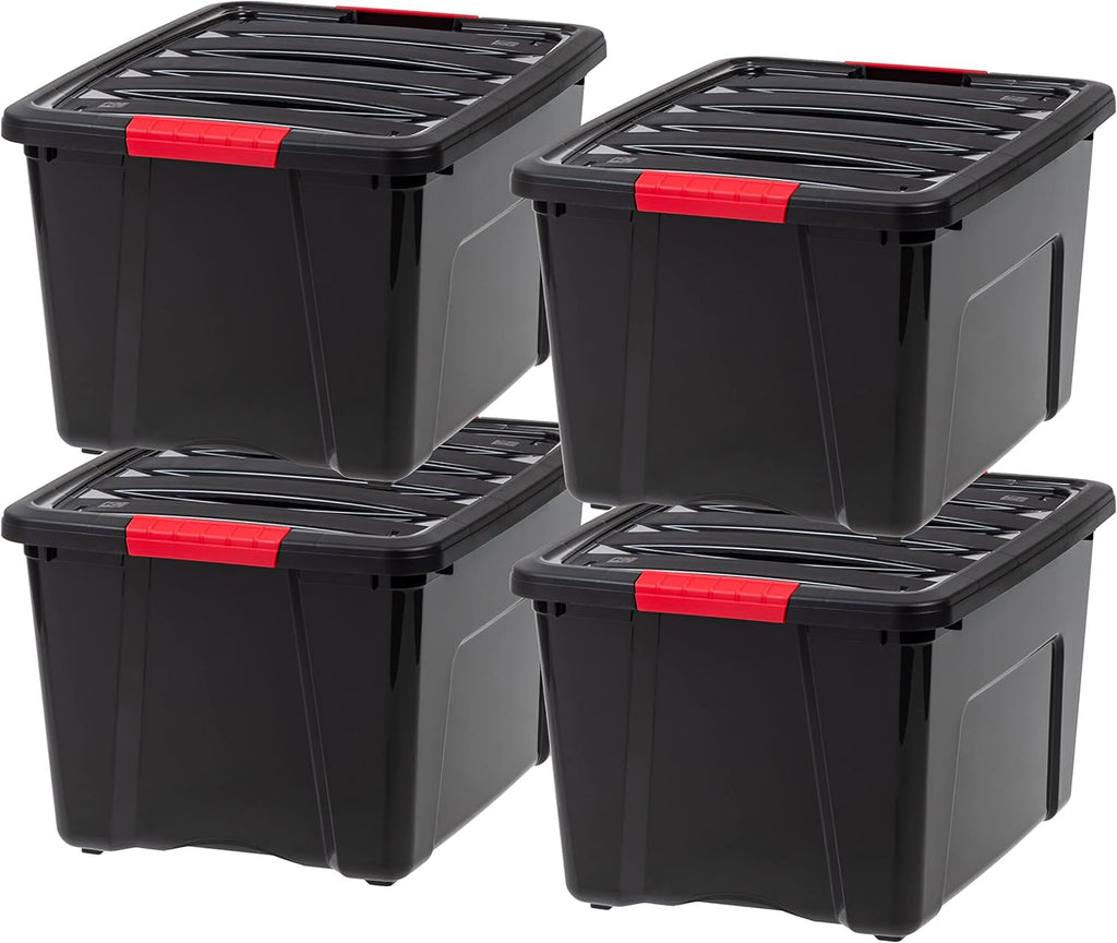 IRIS USA 54 Qt Stackable Plastic Storage Bins with Lids, 6 Pack - BPA-Free, Made in USA - Discreet Organizing Solution, Latches, Durable Nestable Containers, Secure Pull Handle - Pearl
