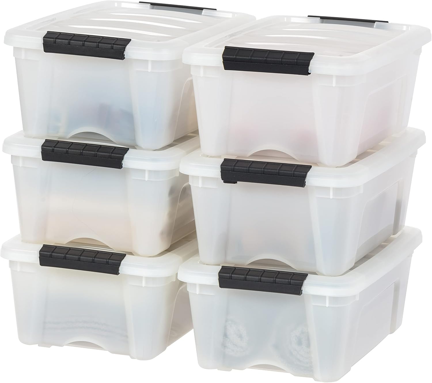 IRIS USA 54 Qt Stackable Plastic Storage Bins with Lids, 6 Pack - BPA-Free, Made in USA - Discreet Organizing Solution, Latches, Durable Nestable Containers, Secure Pull Handle - Pearl