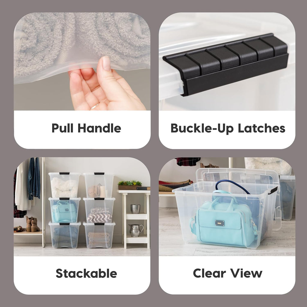 IRIS USA 54 Qt Stackable Plastic Storage Bins with Lids, 6 Pack - BPA-Free, Made in USA - Discreet Organizing Solution, Latches, Durable Nestable Containers, Secure Pull Handle - Pearl