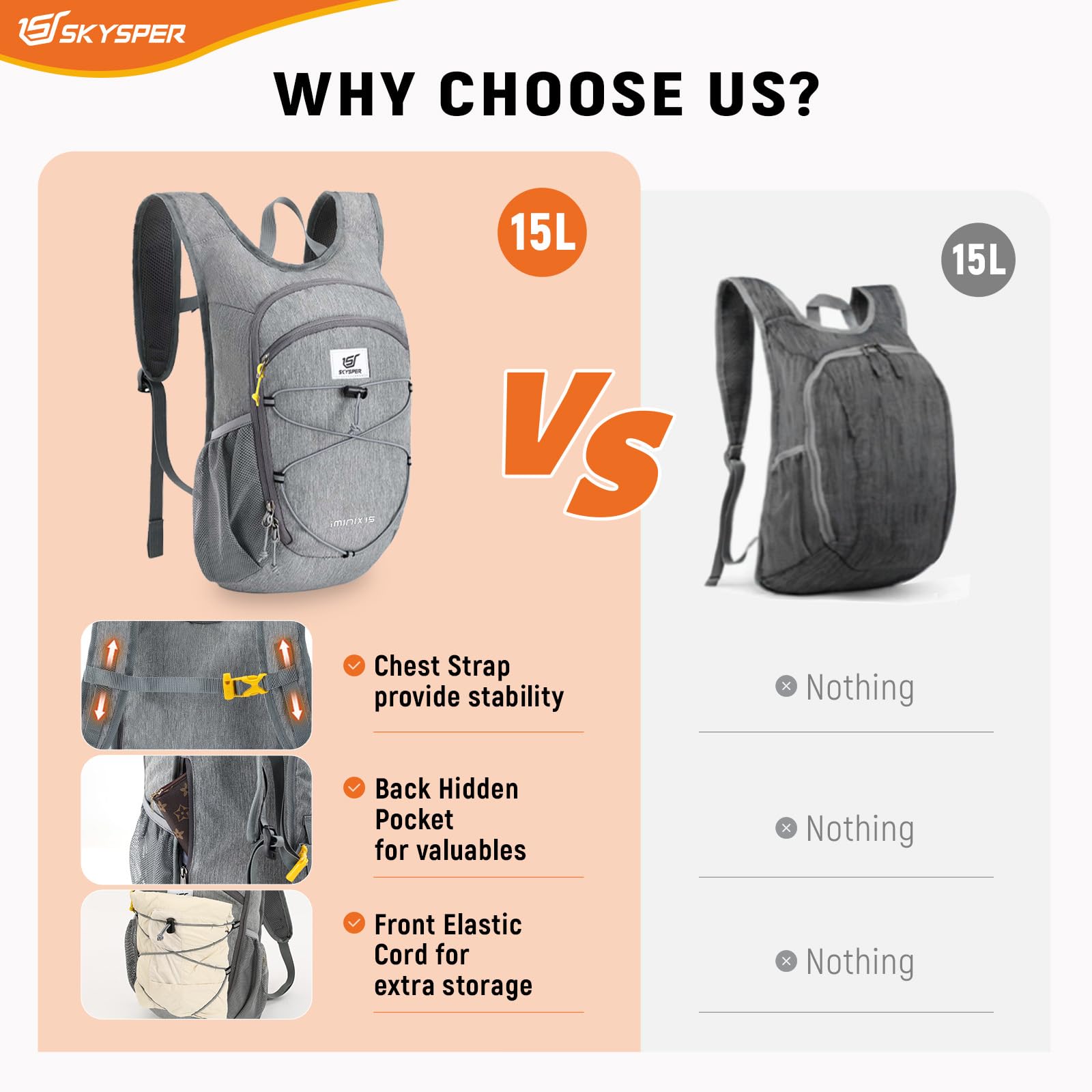 SKYSPER 15L/20L Foldable Hiking Backpack Lightweight Packable Travel Daypack with Chest Strap Small Folding Pack for Walking