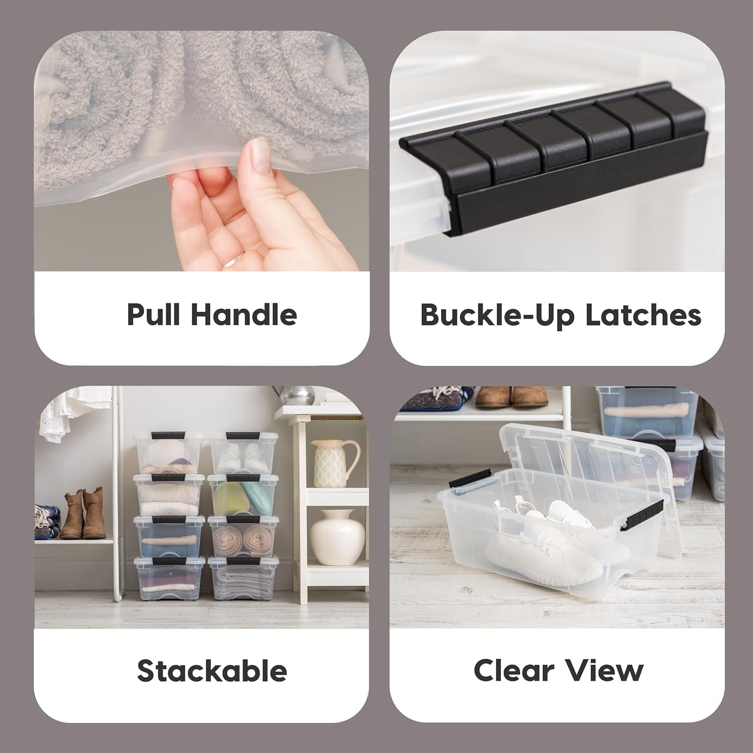 IRIS USA 54 Qt Stackable Plastic Storage Bins with Lids, 6 Pack - BPA-Free, Made in USA - Discreet Organizing Solution, Latches, Durable Nestable Containers, Secure Pull Handle - Pearl