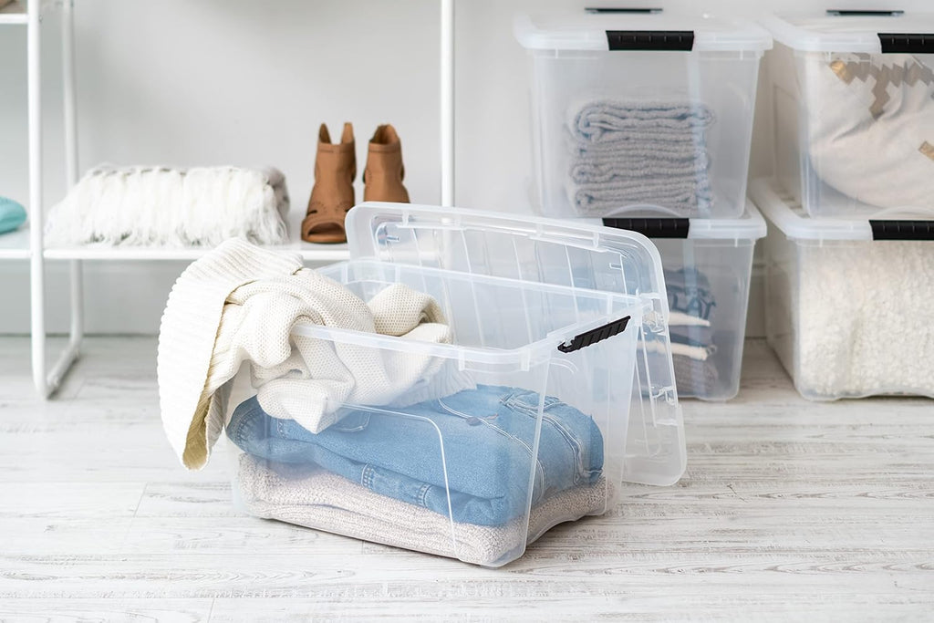 IRIS USA 54 Qt Stackable Plastic Storage Bins with Lids, 6 Pack - BPA-Free, Made in USA - Discreet Organizing Solution, Latches, Durable Nestable Containers, Secure Pull Handle - Pearl