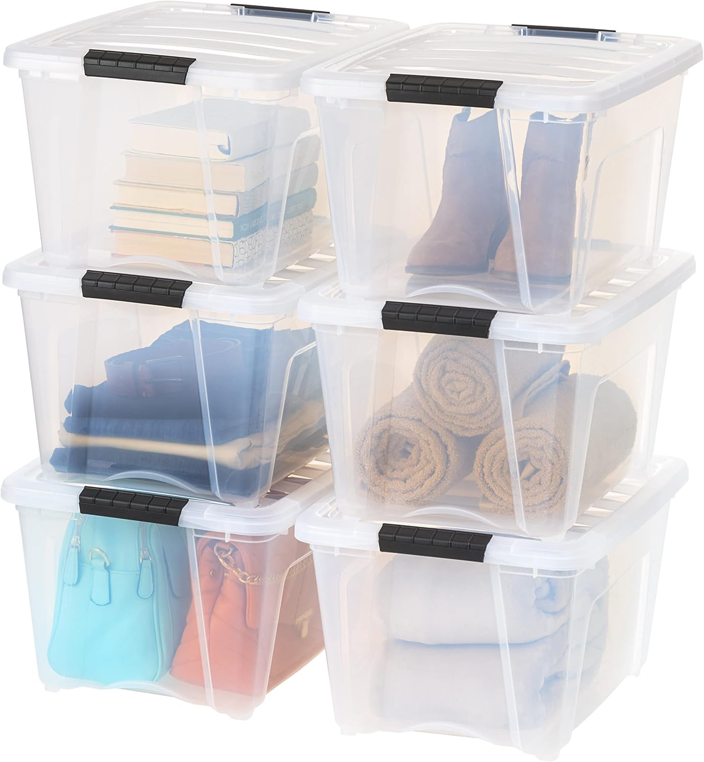IRIS USA 54 Qt Stackable Plastic Storage Bins with Lids, 6 Pack - BPA-Free, Made in USA - Discreet Organizing Solution, Latches, Durable Nestable Containers, Secure Pull Handle - Pearl