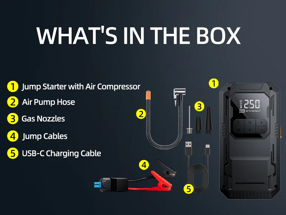 Heavy-Duty 4-in-1 Car Jump Starter with Air Pump and Power Bank