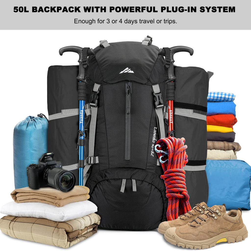 Loowoko 50L Hiking Backpack, Waterproof Camping Essentials Bag with Rain Cover, 45+5 Liter Lightweight Backpacking Back Pack