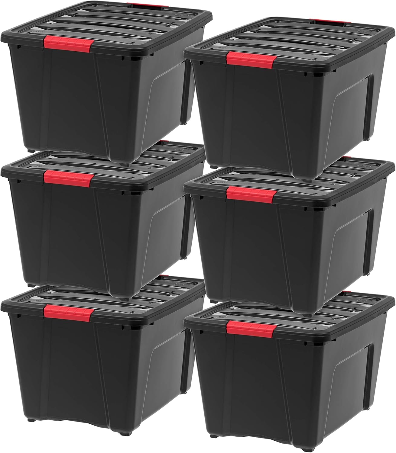 IRIS USA 54 Qt Stackable Plastic Storage Bins with Lids, 6 Pack - BPA-Free, Made in USA - Discreet Organizing Solution, Latches, Durable Nestable Containers, Secure Pull Handle - Pearl