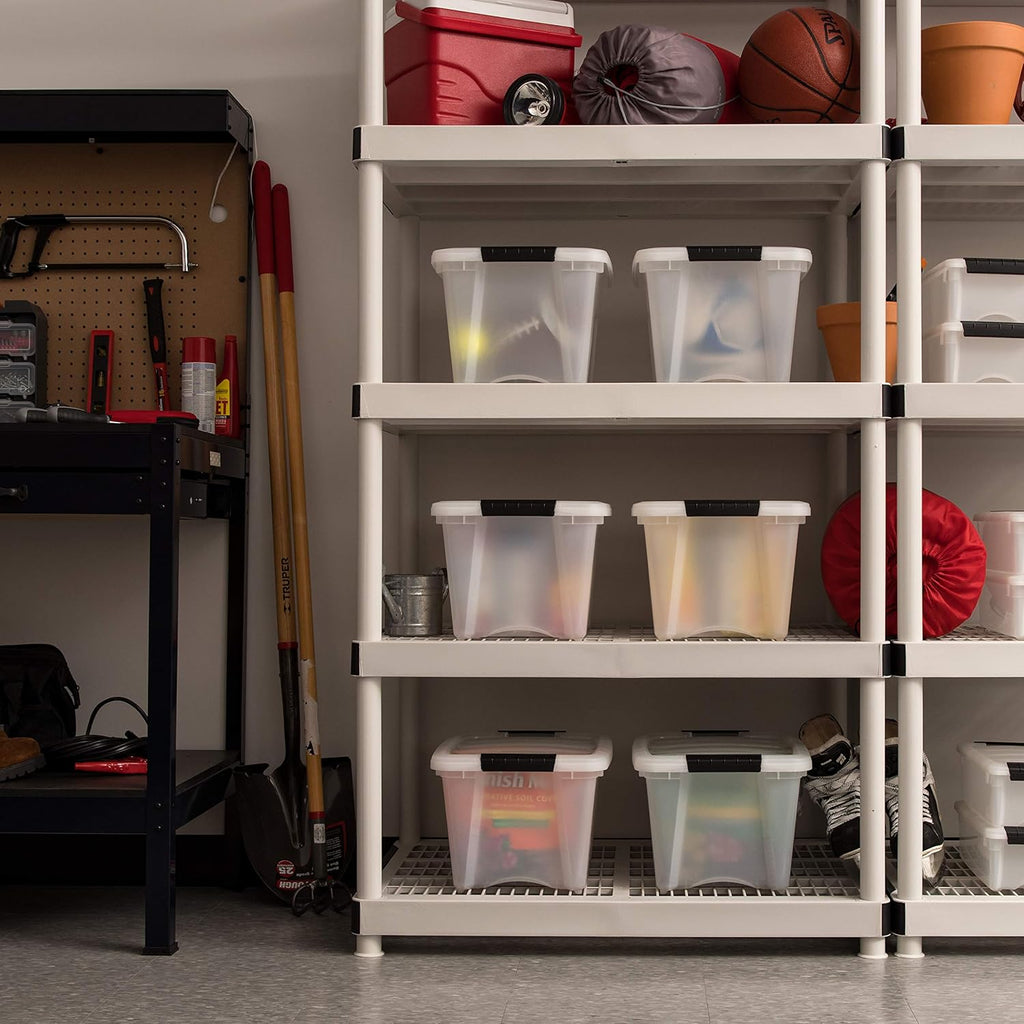 IRIS USA 54 Qt Stackable Plastic Storage Bins with Lids, 6 Pack - BPA-Free, Made in USA - Discreet Organizing Solution, Latches, Durable Nestable Containers, Secure Pull Handle - Pearl