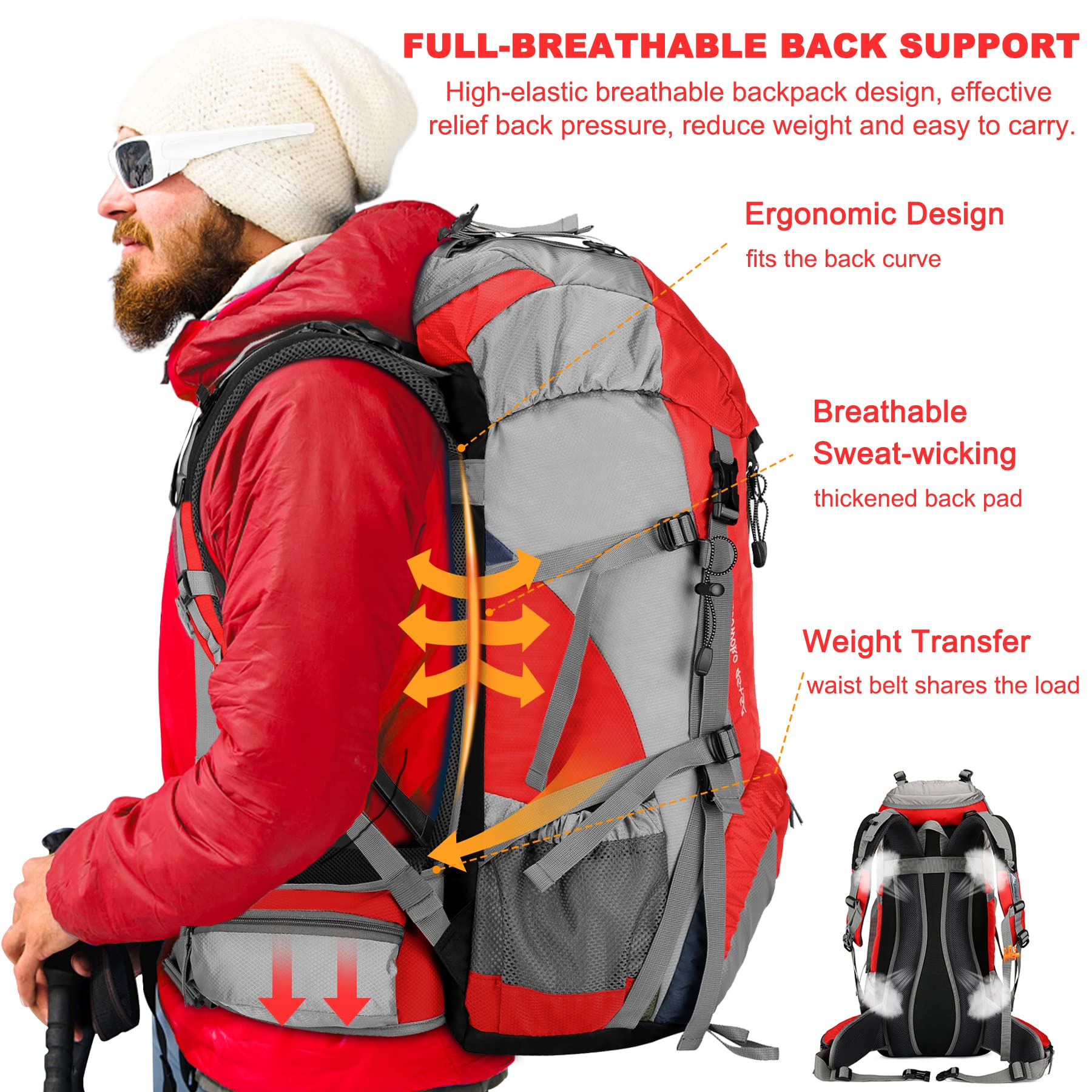 Loowoko 50L Hiking Backpack, Waterproof Camping Essentials Bag with Rain Cover, 45+5 Liter Lightweight Backpacking Back Pack