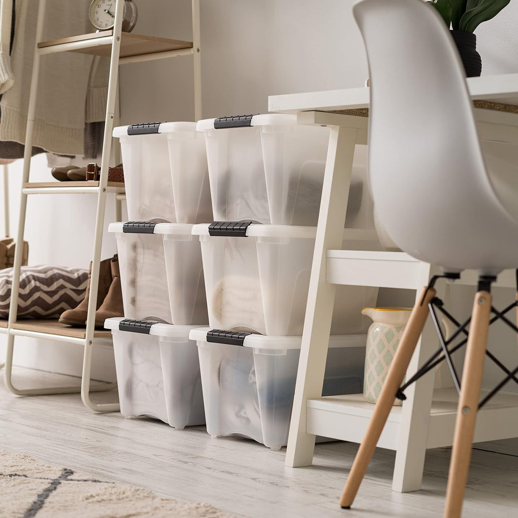 IRIS USA 54 Qt Stackable Plastic Storage Bins with Lids, 6 Pack - BPA-Free, Made in USA - Discreet Organizing Solution, Latches, Durable Nestable Containers, Secure Pull Handle - Pearl