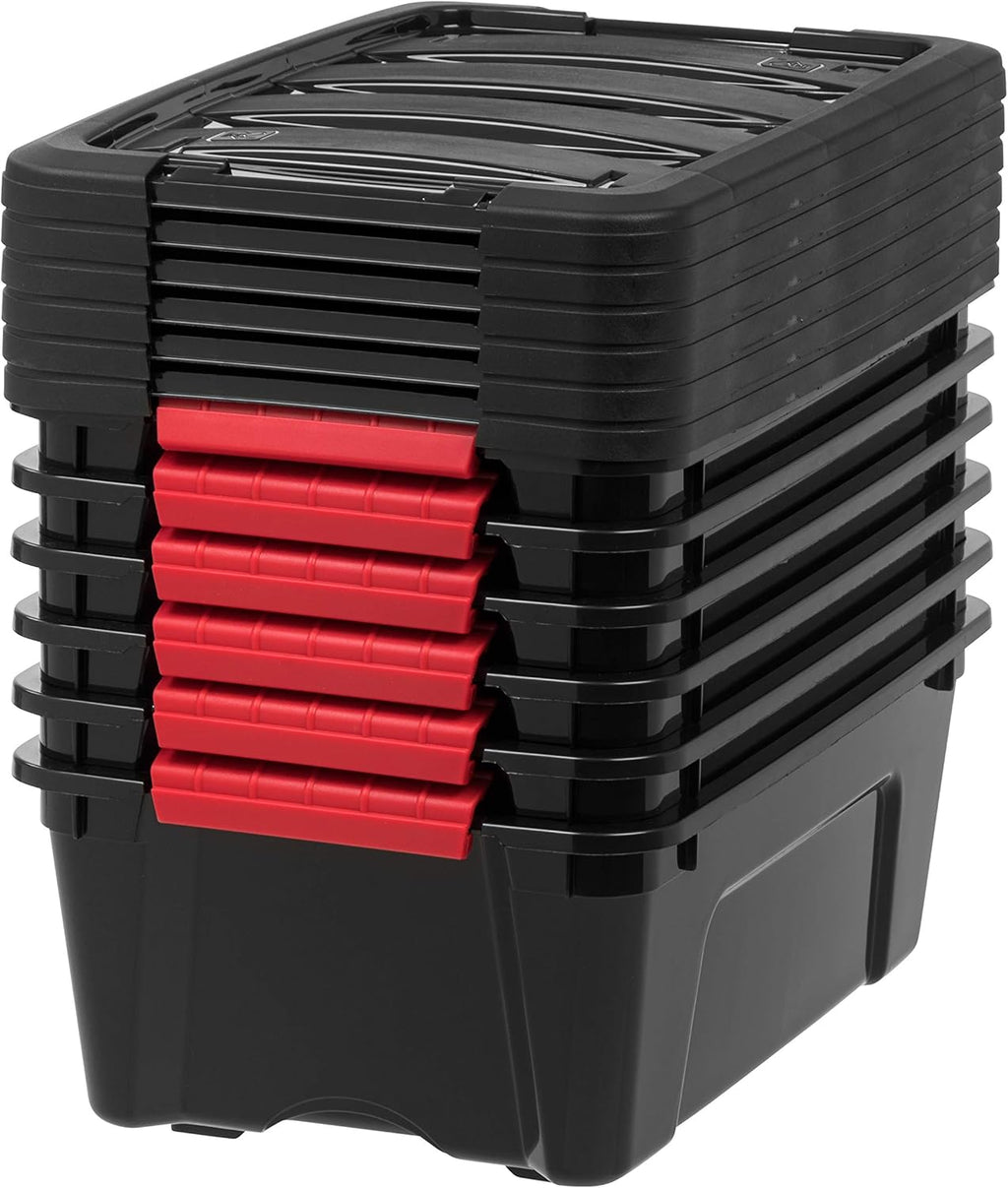 IRIS USA 54 Qt Stackable Plastic Storage Bins with Lids, 6 Pack - BPA-Free, Made in USA - Discreet Organizing Solution, Latches, Durable Nestable Containers, Secure Pull Handle - Pearl