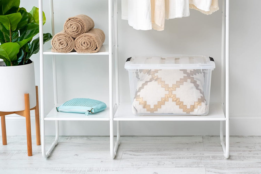 IRIS USA 54 Qt Stackable Plastic Storage Bins with Lids, 6 Pack - BPA-Free, Made in USA - Discreet Organizing Solution, Latches, Durable Nestable Containers, Secure Pull Handle - Pearl