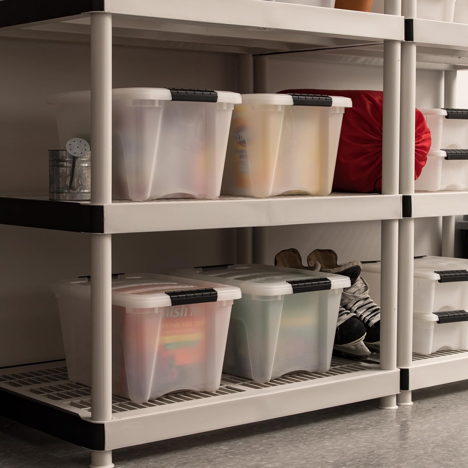 IRIS USA 54 Qt Stackable Plastic Storage Bins with Lids, 6 Pack - BPA-Free, Made in USA - Discreet Organizing Solution, Latches, Durable Nestable Containers, Secure Pull Handle - Pearl