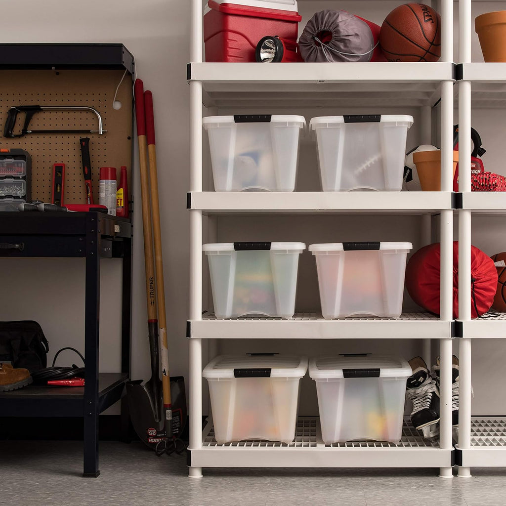 IRIS USA 54 Qt Stackable Plastic Storage Bins with Lids, 6 Pack - BPA-Free, Made in USA - Discreet Organizing Solution, Latches, Durable Nestable Containers, Secure Pull Handle - Pearl