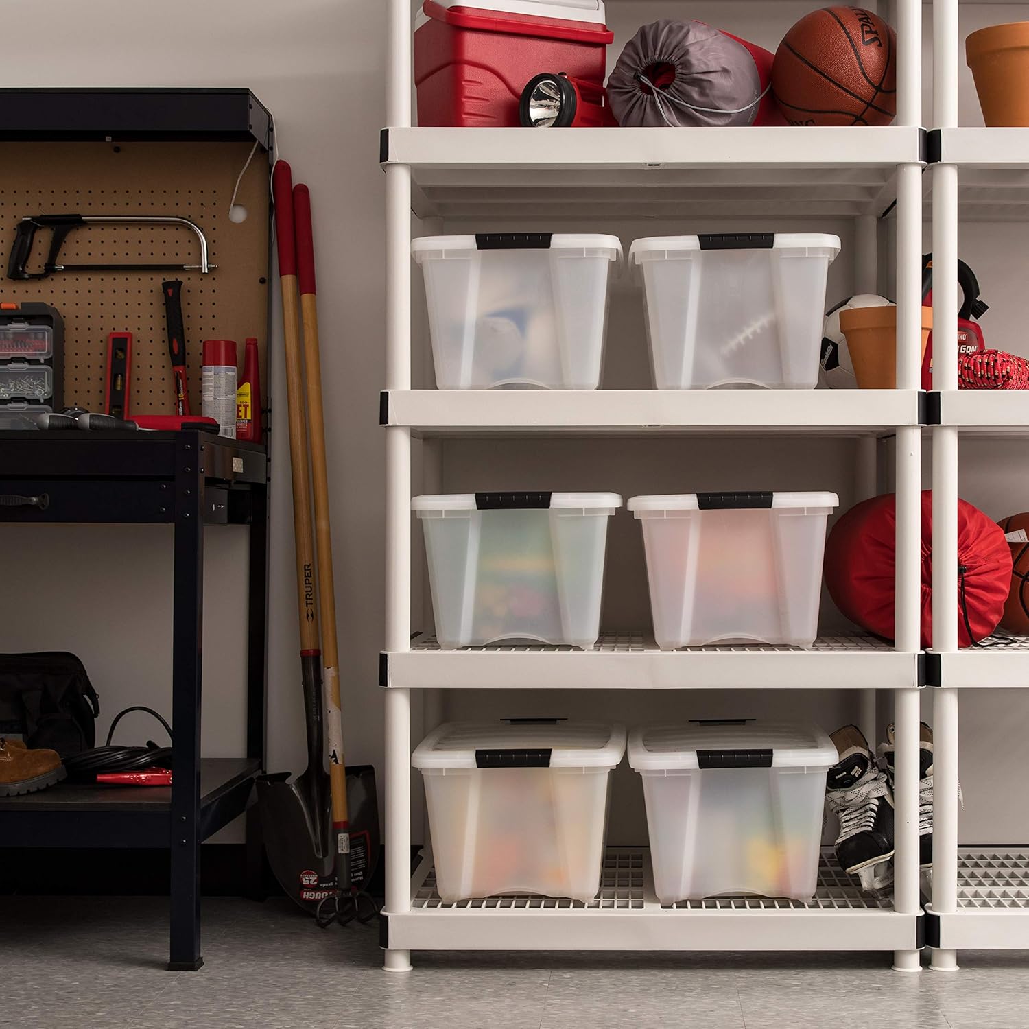 IRIS USA 54 Qt Stackable Plastic Storage Bins with Lids, 6 Pack - BPA-Free, Made in USA - Discreet Organizing Solution, Latches, Durable Nestable Containers, Secure Pull Handle - Pearl