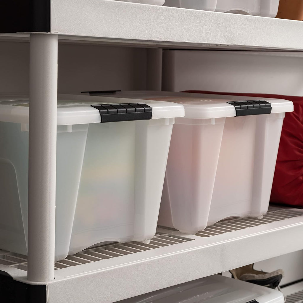 IRIS USA 54 Qt Stackable Plastic Storage Bins with Lids, 6 Pack - BPA-Free, Made in USA - Discreet Organizing Solution, Latches, Durable Nestable Containers, Secure Pull Handle - Pearl