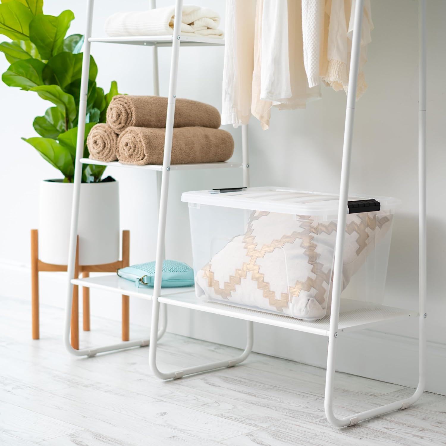 IRIS USA 54 Qt Stackable Plastic Storage Bins with Lids, 6 Pack - BPA-Free, Made in USA - Discreet Organizing Solution, Latches, Durable Nestable Containers, Secure Pull Handle - Pearl