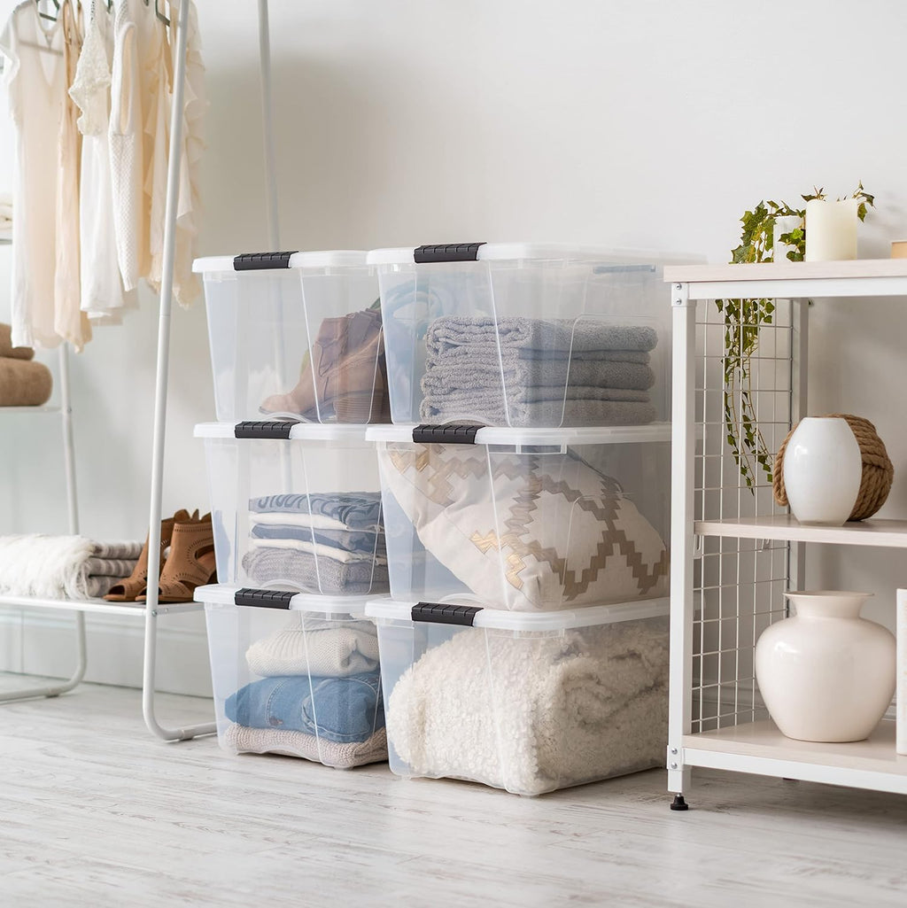 IRIS USA 54 Qt Stackable Plastic Storage Bins with Lids, 6 Pack - BPA-Free, Made in USA - Discreet Organizing Solution, Latches, Durable Nestable Containers, Secure Pull Handle - Pearl