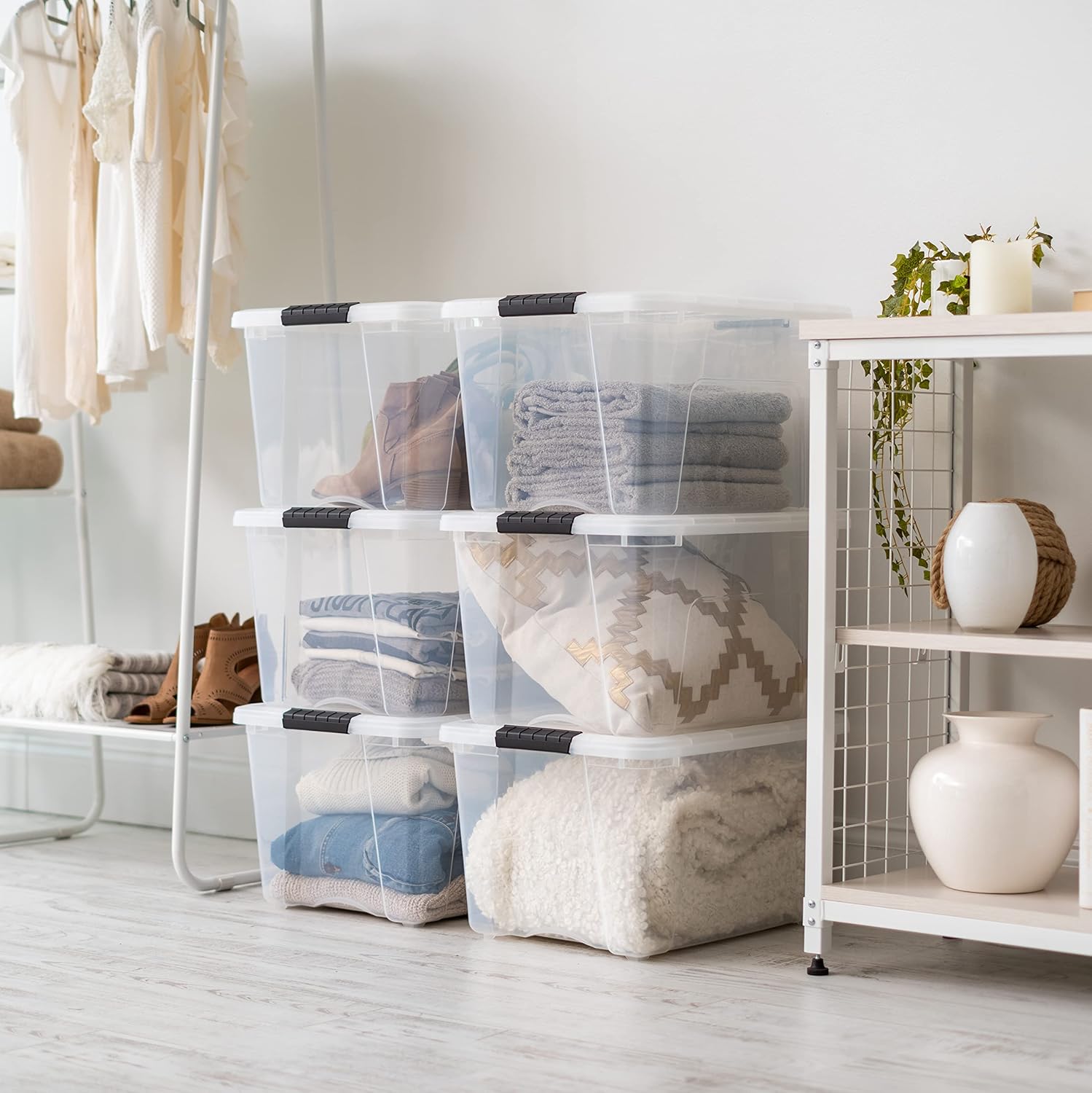 IRIS USA 54 Qt Stackable Plastic Storage Bins with Lids, 6 Pack - BPA-Free, Made in USA - Discreet Organizing Solution, Latches, Durable Nestable Containers, Secure Pull Handle - Pearl