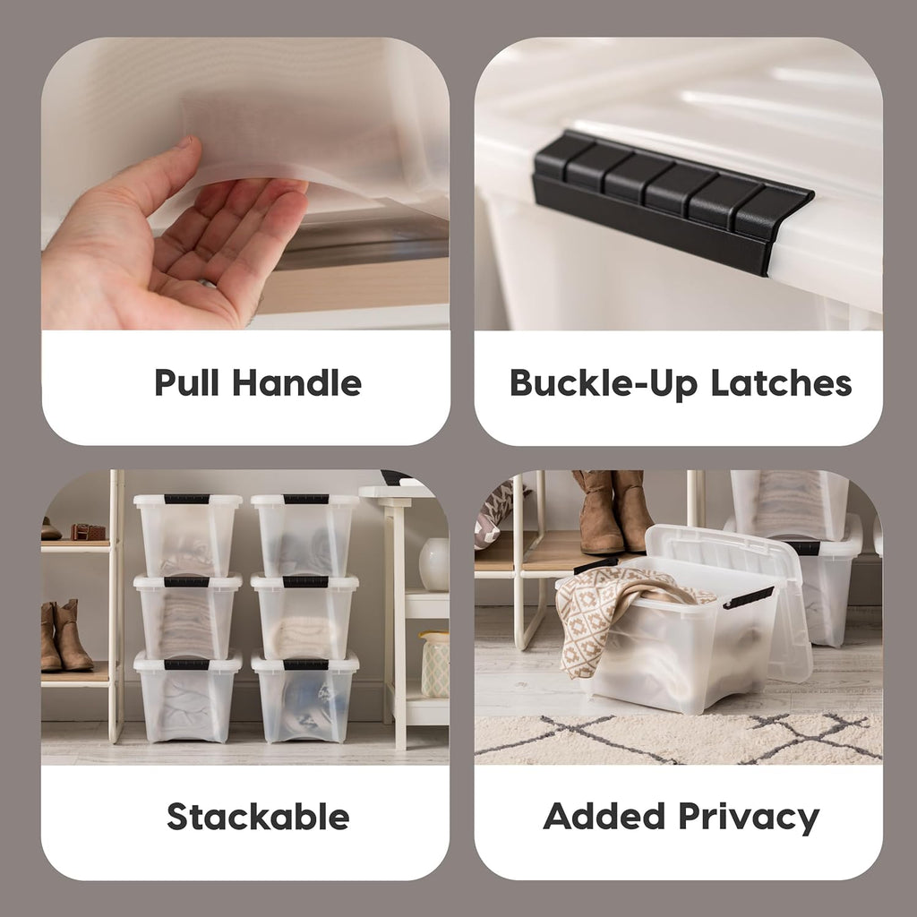 IRIS USA 54 Qt Stackable Plastic Storage Bins with Lids, 6 Pack - BPA-Free, Made in USA - Discreet Organizing Solution, Latches, Durable Nestable Containers, Secure Pull Handle - Pearl